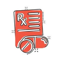 Prescription icon in comic style. Rx document cartoon vector illustration on white isolated background. Paper splash effect business concept.