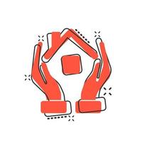 Home care icon in comic style. Hand hold house vector cartoon illustration on white isolated background. Building quality business concept splash effect.