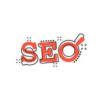 Seo analytics icon in comic style. Social media vector cartoon illustration on white isolated background. Search analysis business concept splash effect.