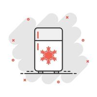 Fridge refrigerator icon in comic style. Freezer container vector cartoon illustration pictogram. Fridge business concept splash effect.