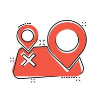 Map pin icon in comic style. GPS navigation cartoon vector illustration on white isolated background. Locate position splash effect business concept.