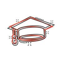 icono de sombrero de graduación en estilo cómico. ilustración de vector de dibujos animados de gorra de estudiante sobre fondo blanco aislado. concepto de negocio de efecto splash universitario.