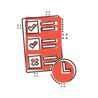 Contract time icon in comic style. Document with clock cartoon vector illustration on white background. Deadline splash effect business concept.