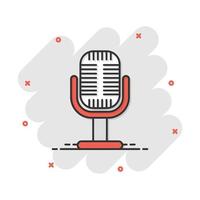 Microphone icon in comic style. Mic broadcast vector cartoon illustration pictogram. Microphone mike speech business concept splash effect.