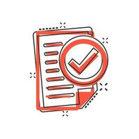 Compliance document icon in comic style. Approved process vector cartoon illustration on white isolated background. Checkmark business concept splash effect.