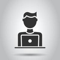 People with laptop computer icon in flat style. Pc user vector illustration on white isolated background. Office manager business concept.