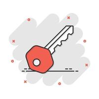 Key icon in comic style. Access login vector cartoon illustration pictogram. Password key business concept splash effect.