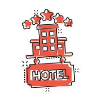 Hotel 5 stars sign icon in comic style. Inn building cartoon vector illustration on white isolated background. Hostel room splash effect business concept.