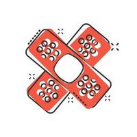 Bandage icon in comic style. Plaster cartoon vector illustration on white isolated background. First aid kit splash effect business concept.