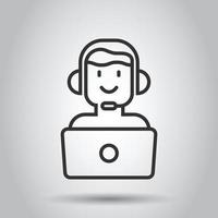 Helpdesk icon in flat style. Headphone vector illustration on white isolated background. Chat operator with laptop business concept.