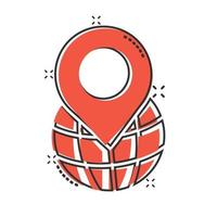 icono de navegación global en estilo cómico. globo pin gps dibujos animados vector ilustración sobre fondo blanco aislado. concepto de negocio de efecto de salpicadura de dirección del planeta.