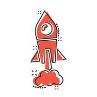 Rocket icon in comic style. Spaceship launch cartoon vector illustration on white isolated background. Sputnik splash effect business concept.