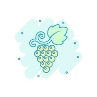 icono de signo de frutas de uva en estilo cómico. ilustración de dibujos animados de vector de vid sobre fondo blanco aislado. efecto de salpicadura de concepto de negocio de uvas de vino.