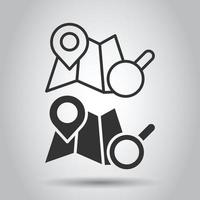 Map with magnifier icon in flat style. Gps navigation vector illustration on white isolated background. Locate position business concept.