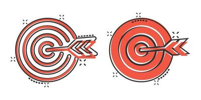 Target aim vector icon in comic style. Darts game cartoon illustration on white isolated background. Dartboard sport target splash effect concept.