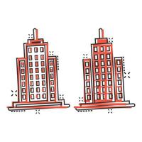 Building icon in comic style. Town skyscraper apartment cartoon vector illustration on white isolated background. City tower splash effect business concept.