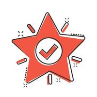 Check mark with star icon in comic style. Add to favorite cartoon vector illustration on white isolated background. Bookmark splash effect business concept.