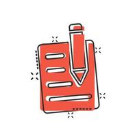 Blogging icon in comic style. Document with pen cartoon vector illustration on white isolated background. Content splash effect business concept.