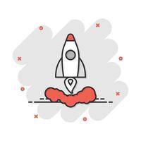 Vector cartoon rocket icon in comic style. Startup launch sign illustration pictogram. Rocket business splash effect concept.