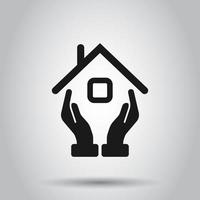 Home care icon in flat style. Hand hold house vector illustration on isolated background. Building quality business concept.