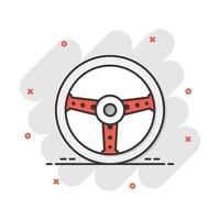 icono de volante de dibujos animados vectoriales en estilo cómico. Pictograma de ilustración de signo de rueda de timón. concepto de efecto de salpicadura de negocio de dirección. vector