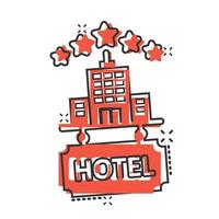 Hotel 5 stars sign icon in comic style. Inn building cartoon vector illustration on white isolated background. Hostel room splash effect business concept.