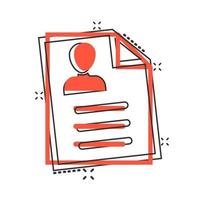 Resume icon in comic style. Contract document vector cartoon illustration pictogram splash effect.