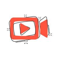 Video camera icon in comic style. Movie play vector cartoon illustration pictogram. Streaming business concept splash effect.