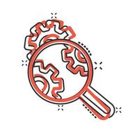 Loupe with gear icon in comic style. Magnifying glass cartoon vector illustration on white isolated background. Seo exploration splash effect business concept.