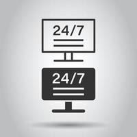 24 7 computer icon in flat style. All day service vector illustration on white isolated background. Support business concept.