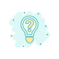 Problem solution icon in comic style. Light bulb idea vector cartoon illustration on white background. Question and answer business concept splash effect.