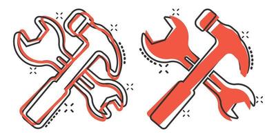 Wrench and screwdriver icon in comic style. Spanner key cartoon vector illustration on white isolated background. Repair equipment splash effect business concept.