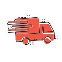 Delivery truck icon in comic style. Van cartoon vector illustration on white isolated background. Cargo car splash effect business concept.