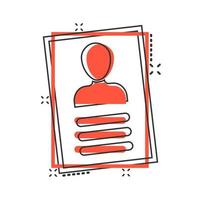 Resume icon in comic style. Contract document vector cartoon illustration pictogram splash effect.