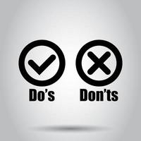 Do's and don'ts sign icon in flat style. Like, unlike vector illustration on isolated background. Yes, no business concept.