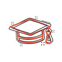 Graduation hat icon in comic style. Student cap cartoon vector illustration on white isolated background. University splash effect business concept.