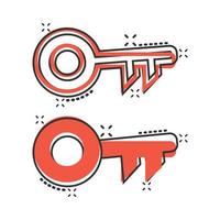 Key icon in comic style. Password cartoon vector illustration on white isolated background. Access splash effect business concept.