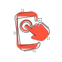 toque el icono del teléfono inteligente con la mano en estilo cómico. ilustración de dibujos animados de vector de dedo de teléfono sobre fondo blanco aislado. efecto de salpicadura de concepto de negocio de pantalla táctil de cursor.