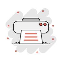 Vector cartoon printer icon in comic style. Document printing sign illustration pictogram. Printer business splash effect concept.