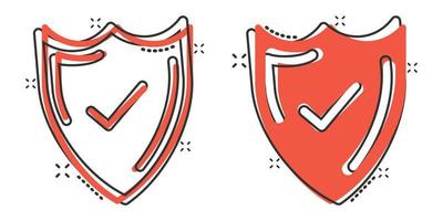 escudo con icono de marca de verificación en estilo cómico. proteger la ilustración vectorial de dibujos animados sobre fondo blanco aislado. concepto de negocio de efecto de salpicadura de guardia de marca de verificación. vector