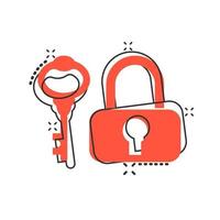 Key with padlock icon in comic style. Access login vector cartoon illustration pictogram. Lock keyhole business concept splash effect.