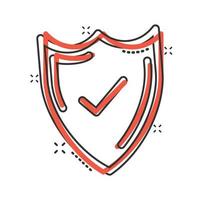 Shield with check mark icon in comic style. Protect cartoon vector illustration on white isolated background. Checkmark guard splash effect business concept.