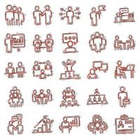 Business communication contour icon set in comic style. Team structure cartoon line vector illustration on white isolated background. Office teamwork linear stroke splash effect business concept.