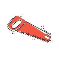 Saw blade icon in comic style. Working tools cartoon vector illustration on white isolated background. Hammer splash effect business concept.