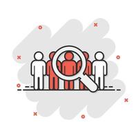 Search job vacancy icon in comic style. Loupe career vector cartoon illustration on white isolated background. Find employer business concept splash effect.