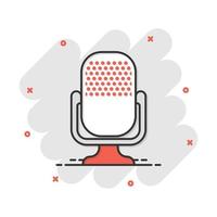 Microphone icon in comic style. Mic broadcast vector cartoon illustration pictogram. Microphone mike speech business concept splash effect.