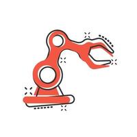 Robot arm icon in comic style. Mechanic manipulator cartoon vector illustration on white isolated background. Machine splash effect business concept.