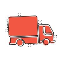 Delivery truck icon in comic style. Van cartoon vector illustration on white isolated background. Cargo car splash effect business concept.