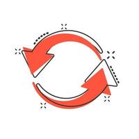 Arrow rotation icon in comic style. Sync action vector cartoon illustration on white isolated background. Refresh button business concept splash effect.