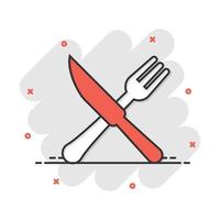 icono de restaurante de tenedor y cuchillo en estilo cómico. Pictograma de ilustración de dibujos animados de vector de equipo de cena. efecto de salpicadura de concepto de negocio de restaurante.